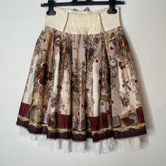 Lolitimes Fairytale Print Whimsigoth Skirt Size Small Multicolor Bow Lace Lined - Picture 2 of 13